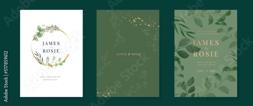 green Luxury Wedding Invitation, floral invite thank you, rsvp modern card Design in gold flower with  leaf greenery  branches decorative Vector elegant rustic template