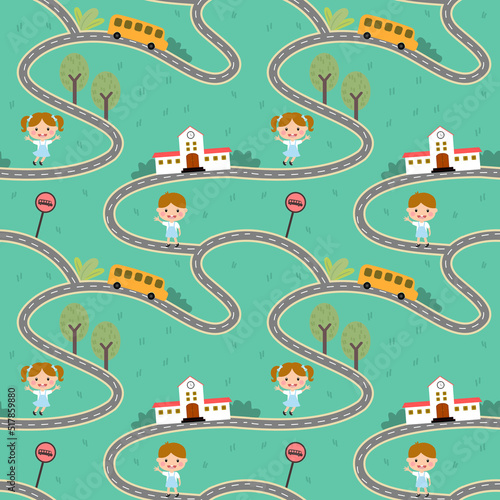 Seamless pattern road to school on green background.