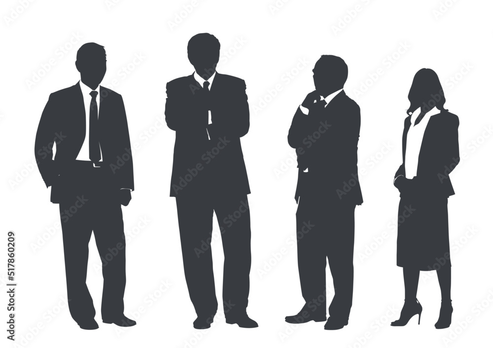 Business people group gray silhouettes pose on white background, flat line vector and illustration. Business people group gray silhouettes pose on white background, flat line vector and illustration.