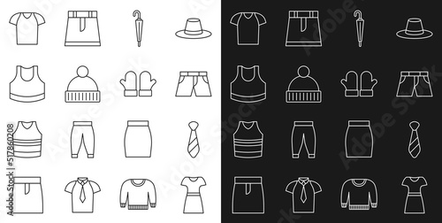 Set line Woman dress, Tie, Short or pants, Umbrella, Beanie hat, Female crop top, T-shirt and Christmas mittens icon. Vector