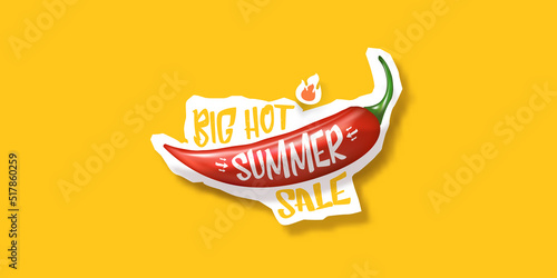 Big Hot summer sale horizontal banner with red chili cayenne pepper isolated on orange background. Vector 3d horizontal summer hot sale poster, flyer, banner, tag and background
