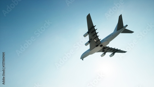 Conceptual flying white passenger jetliner or commercial plane after take off rising over a beautiful sky background. 3D illustration for jet transportation  travel industry or modern freedom concept