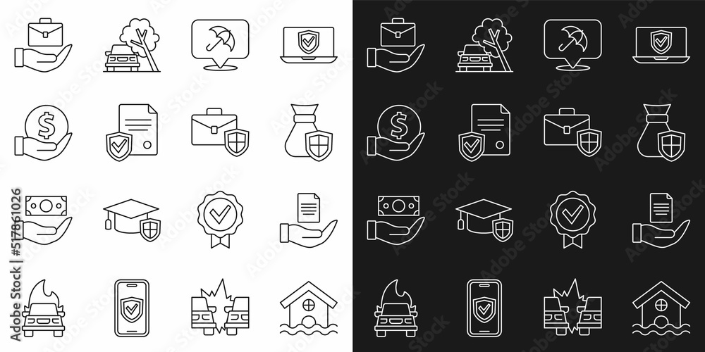 Set line House flood, Contract in hand, Money bag with shield, Umbrella, Hand holding briefcase and Briefcase icon. Vector