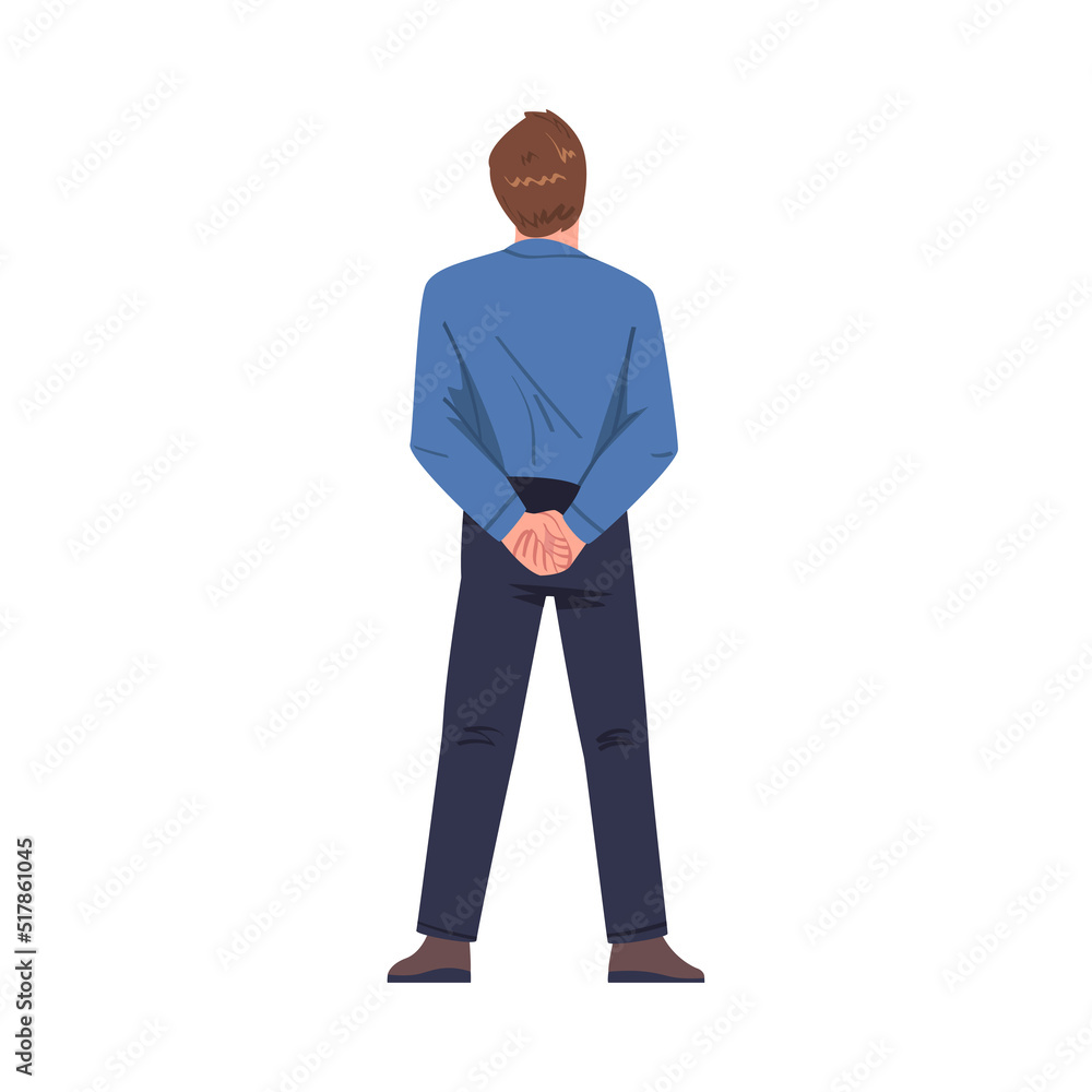 Man Character in Blue Shirt Standing Back View Vector Illustration
