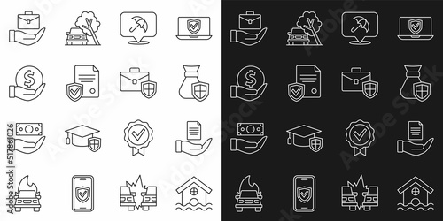 Set line House flood, Contract in hand, Money bag with shield, Umbrella, Hand holding briefcase and Briefcase icon. Vector