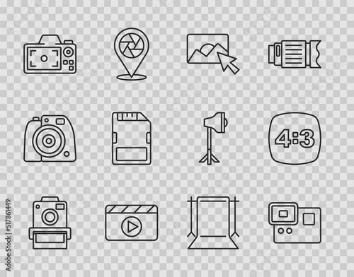 Set line Photo camera, Action extreme, retouching, Movie clapper, SD card, Empty photo studio and frame 4 icon. Vector