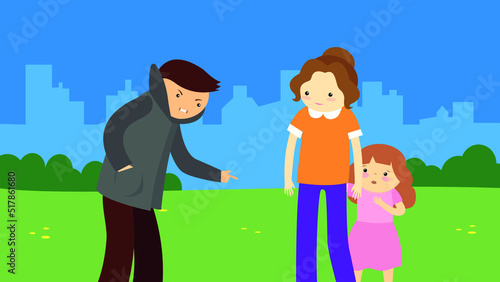 The man scolds the girl and she hides behind her mother