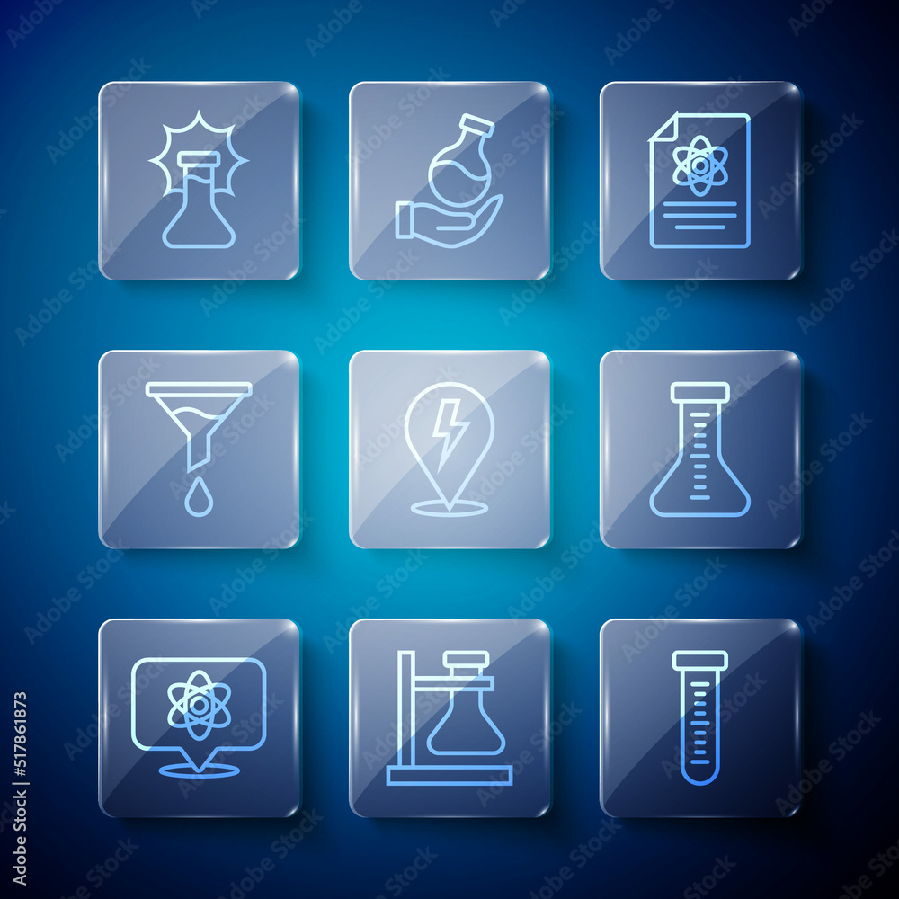Set line Atom, Test tube flask on stand, Chemistry report, Lightning bolt, Funnel filter, Explosion the and icon. Vector Set line Atom, Test tube flask on stand, Chemistry report, Lightning bolt, Funnel filter, Explosion the and icon. Vector