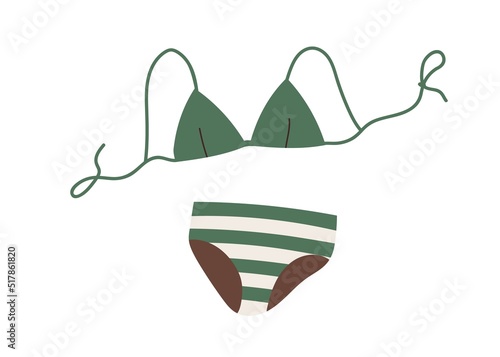 Summer bikini with string bra and panties. Women bathing suit with triangle cup top and bottom. Modern beach swim wear, female swimsuit. Flat vector illustration isolated on white background