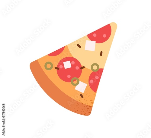 Pizza slice. Triangle piece of Italian fast food. Italy snack with salami sausage, feta cheese, olives, crust. Tasty meal, fastfood icon. Flat vector illustration isolated on white background