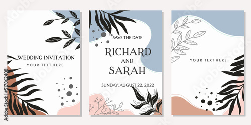 pastel color wedding invitation design set. aesthetic background with hand drawn floral elements. flat design