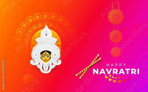 Happy Navratri Festival Greeting Background  Design with Hindu Goddess Durga Face Illustration