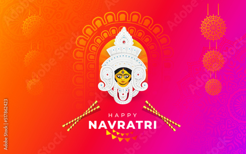 Happy Navratri Festival Greeting Background  Design with Hindu Goddess Durga Face Illustration