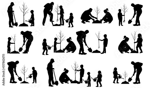 Planting tree and landscaping. Silhouette of people with  tree seedling and watering cans and shovel. Set. Vector illustration