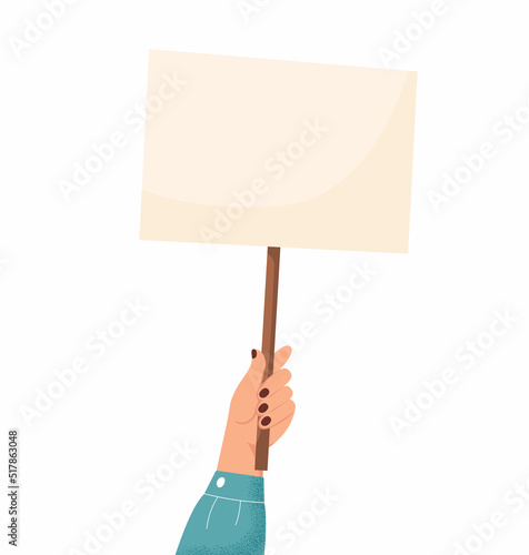 Female hand holding empty poster, banner with place for text. Pro-choice activist. Woman placard, protest meeting. Vector illustration flat cartoon style on white background. Vector illustration