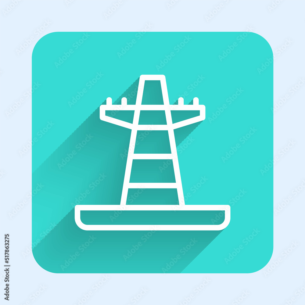 White line Electric tower used to support an overhead power line icon isolated with long shadow background. High voltage power pole line. Green square button. Vector White line Electric tower used to support an overhead power line icon isolated with long shadow background. High voltage power pole line. Green square button. Vector