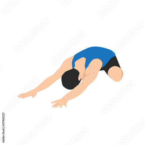 Man doing Child's pose variation exercise. Flat vector illustration isolated on white background