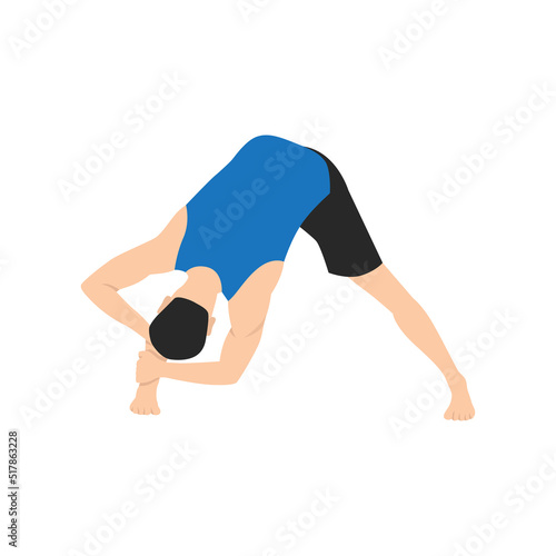 Man doing wide legged forward bend pose prasarita padottanasana exercise. Flat vector illustration isolated on white background photo
