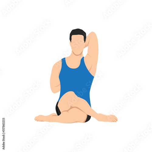 Man doing cow face pose or gomukhasana exercise. Flat vector illustration isolated on white background