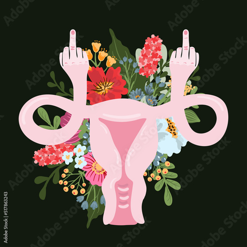Mind your own uterus. Uterus showing the rude finger. Women rights Women Equality 1973 and choice campaign. Pro choice abortion flyer. Vector isolated illustration. photo