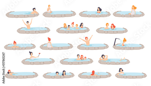People Characters Enjoying Outdoor Thermal Spring Relaxing in Hot Water Vector Set