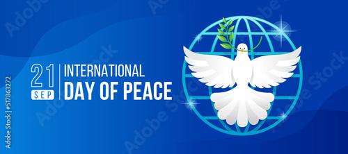 International day of peace - front white pigeons flying and holding olive branch on circle line globe world on blue background vector design