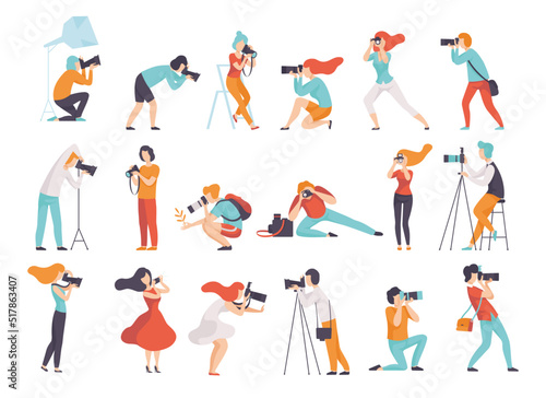 Professional People Photographer with Camera in Different Pose Taking Photo Shots Vector Set