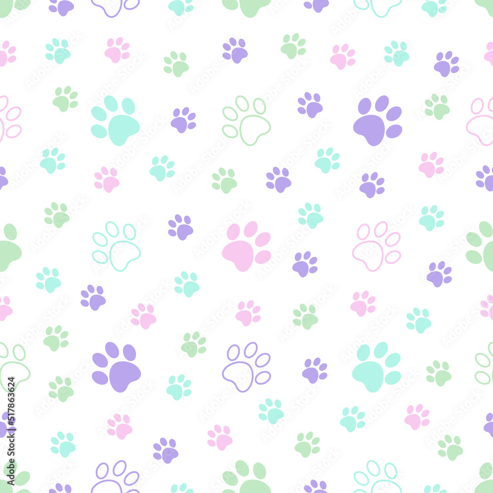 Seamless pattern with colorful  paw print on white background. Animal print. Vector illustration 