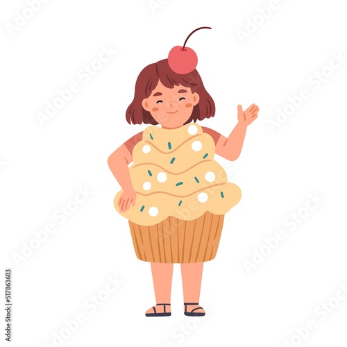 Happy kid disguised in funny carnival costume of sweet cupcake. Girl wearing dessert candy shaped clothes for Halloween holiday party. Flat vector illustration isolated on white background