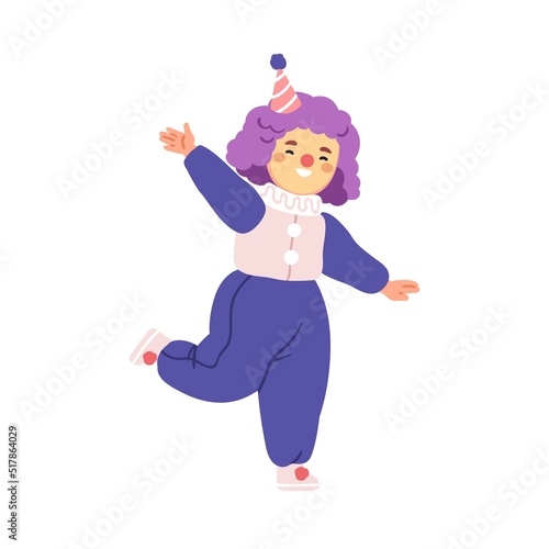 Happy kid clown disguised in funny costume for holiday carnival. Cute laughin...