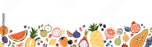 Fresh fruit, berry border on horizontal banner. Exotic summer food, natural vitamins, decorative edge. Apples, watermelon, orange ornament. Flat vector illustration isolated on white background