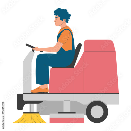 Cleaning service worker drives the floor washing machine vector isolated. Illustration of a male character in uniform doing professional cleaning indoor.