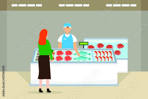 Woman choosing and purchasing fish from the market