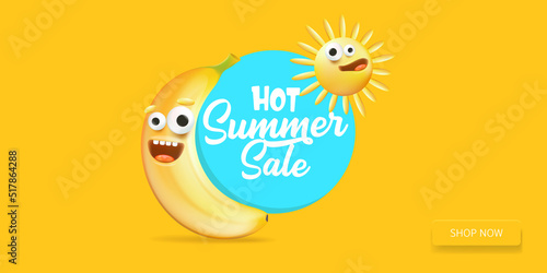 Summer sale funny horizontal banner with cartoon sun and funky banana character isolated on summer orange background. Vector 3d horizontal summer hot sale poster, flyer, banner, tag and background