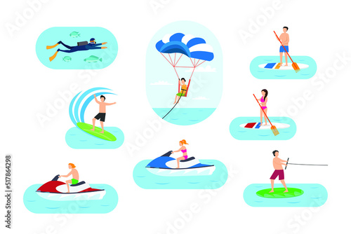 Showing people ride many types of water sports