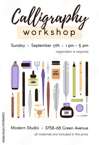 Promo flyer design for calligraphy workshop. Ad card, poster background template for calligraphic school, lettering art class with handwriting supplies, tools. Colored flat vector illustration