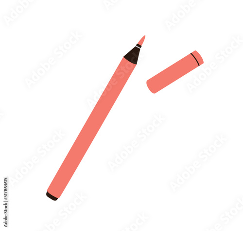 Open felt-tip pen. Fine liner and cap. Coloured ink flow marker. Sharp tool, supplies for drawing, painting, calligraphy art. Flat vector illustration isolated on white background