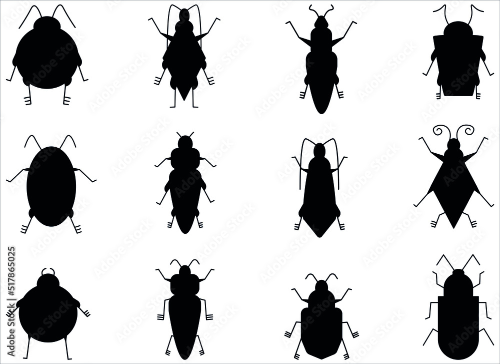 Flat Insect bug vector set. Set of black outline silhouettes of bugs ...