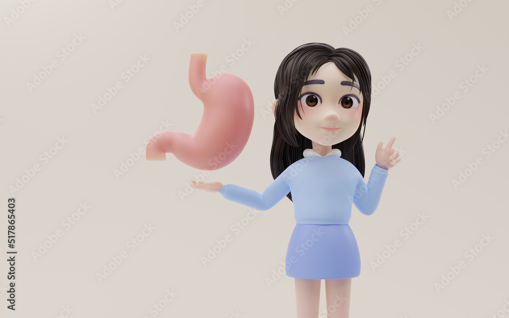 Little girl showing the stomach model with cartoon style, 3d rendering. Little girl showing the stomach model with cartoon style, 3d rendering.
