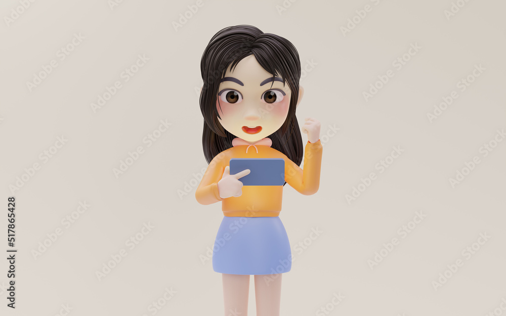 Little girl using mobile phone with cartoon style, 3d rendering. Little girl using mobile phone with cartoon style, 3d rendering.