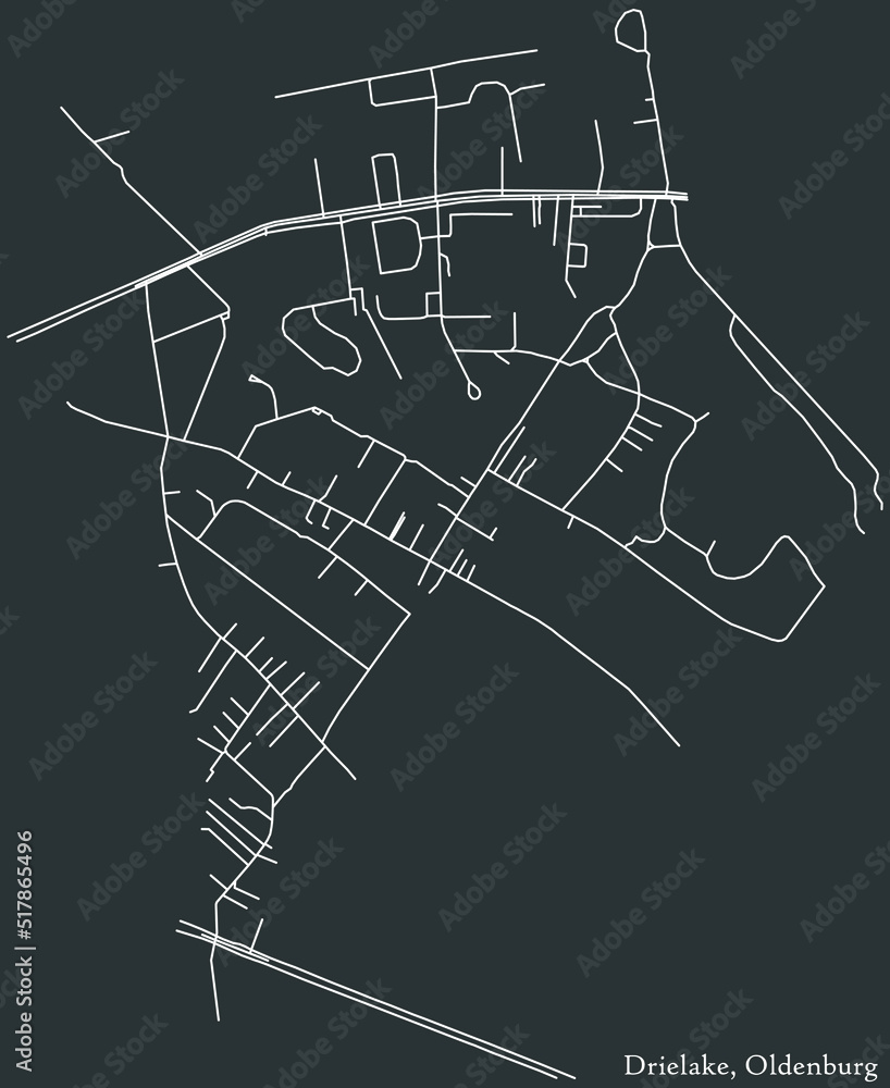 Detailed negative navigation white lines urban street roads map of the DRIELAKE DISTRICT of the German regional capital city of Oldenburg, Germany on dark gray background