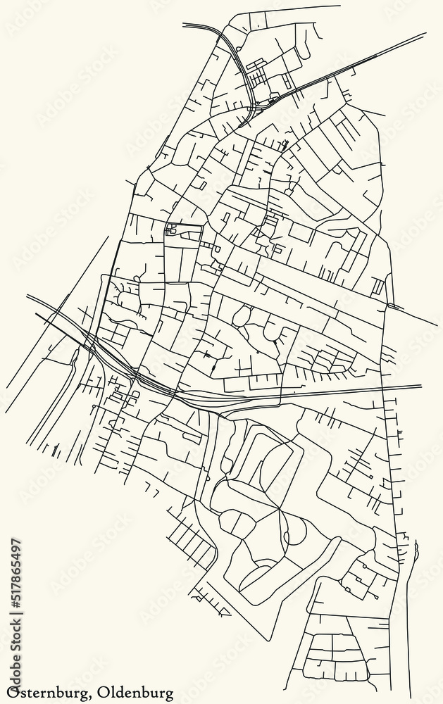 Detailed navigation black lines urban street roads map of the OSTERNBURG DISTRICT of the German regional capital city of Oldenburg, Germany on vintage beige background