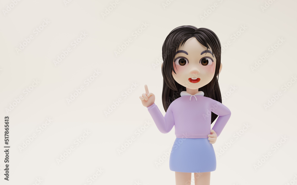 Little girl pointing her finger with cartoon style, 3d rendering. Little girl pointing her finger with cartoon style, 3d rendering.