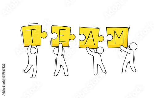 Sketch of working little people with puzzle, teamwork.
