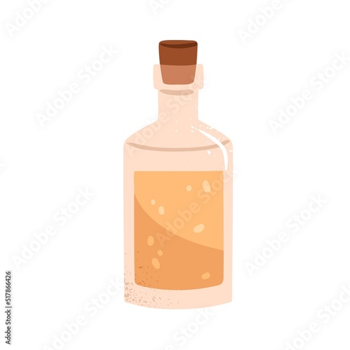Corked glass bottle with potion liquid. Transparent vial jar closed with stopper. Alchemy medicinal herbal fluid. Natural homeopathy elixir. Flat vector illustration isolated on white background