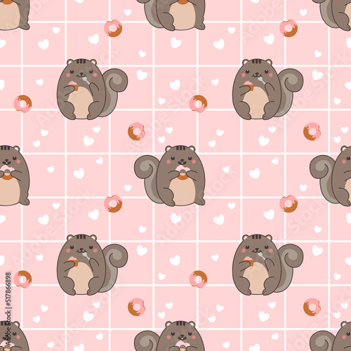 Seamless pattern chuby squirrel eat donut and cupcake