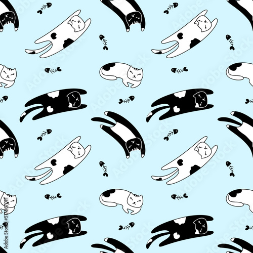 Seamless pattern lazy cat lay on blue background.