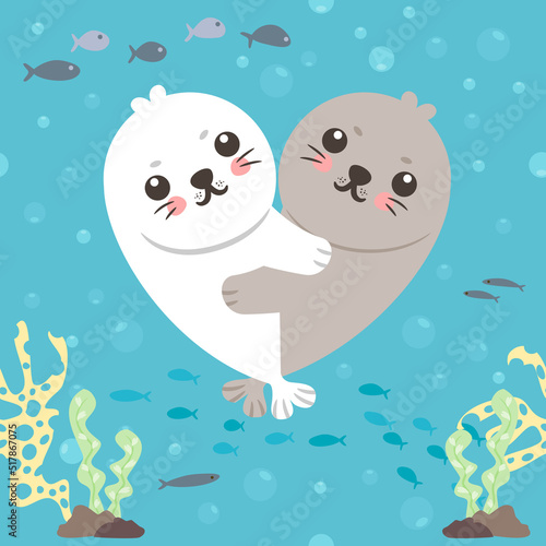 Seamless pattern couple of seal, seal lover underwater world.