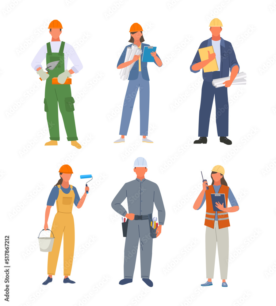 workers. people of different industrial professions engineers painters technicians in uniform clothes male and female persons standing. Vector characters workers. people of different industrial professions engineers painters technicians in uniform clothes male and female persons standing. Vector characters