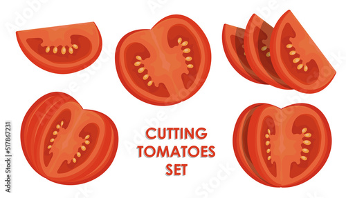 Sliced tomato set. Tomato wedges and slices, halved and thinly sliced for salads and snacks. Flat cartoon vector isolated on white background